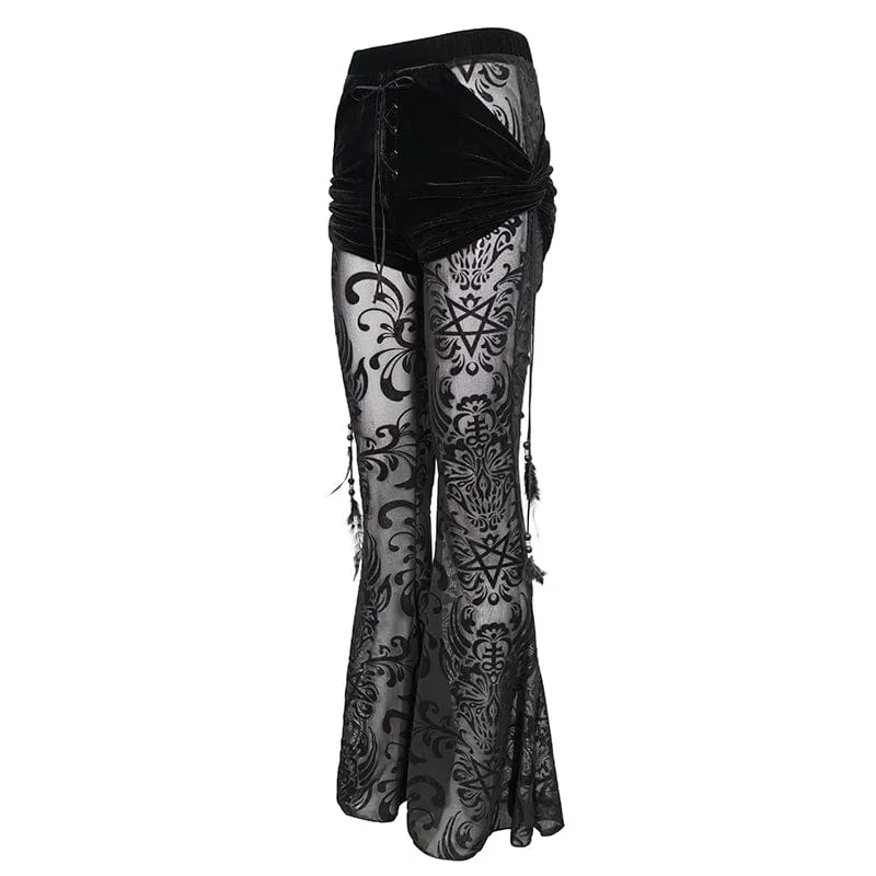 Women's Gothic Drawstring Mesh Splice Flared Pants