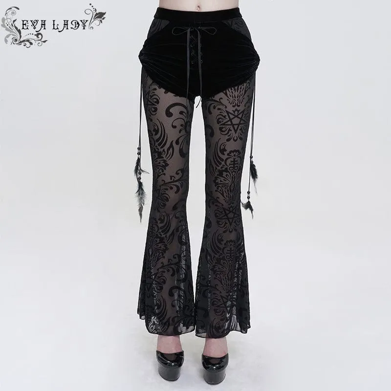 Women's Gothic Drawstring Mesh Splice Flared Pants