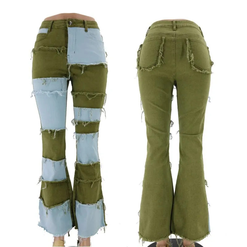 Women's Grunge Contrast Color Splice Flared Pants