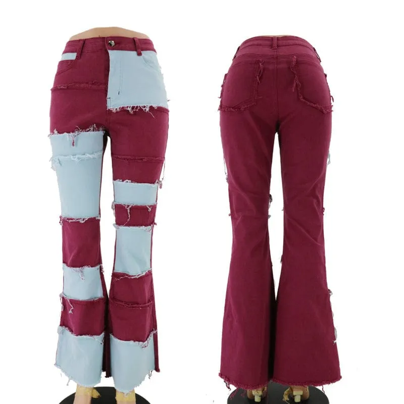 Women's Grunge Contrast Color Splice Flared Pants