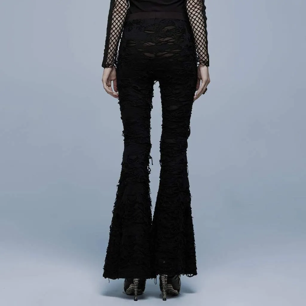 Women's Punk Mesh Splice Ripped Flared Pants