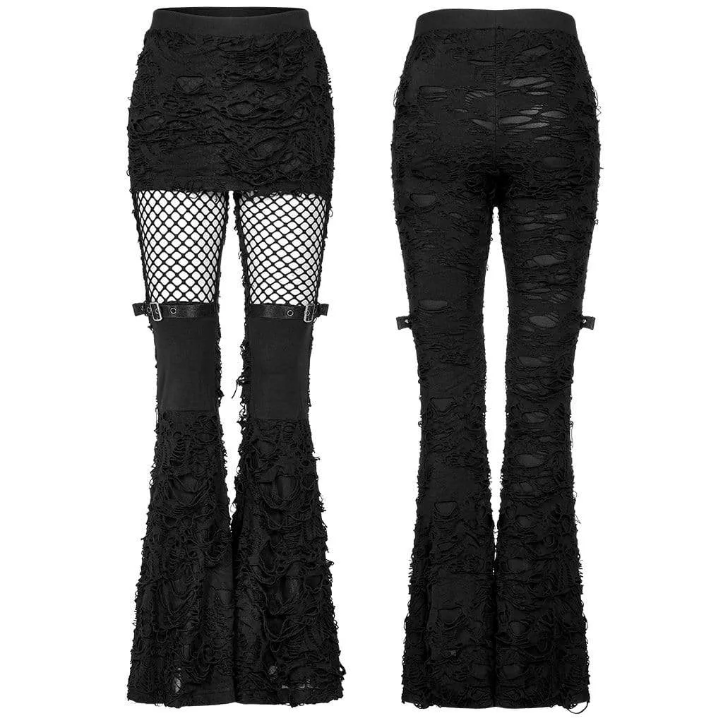 Women's Punk Mesh Splice Ripped Flared Pants