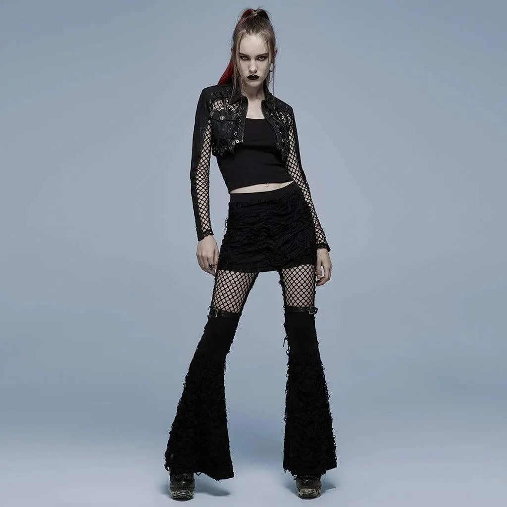 Women's Punk Mesh Splice Ripped Flared Pants