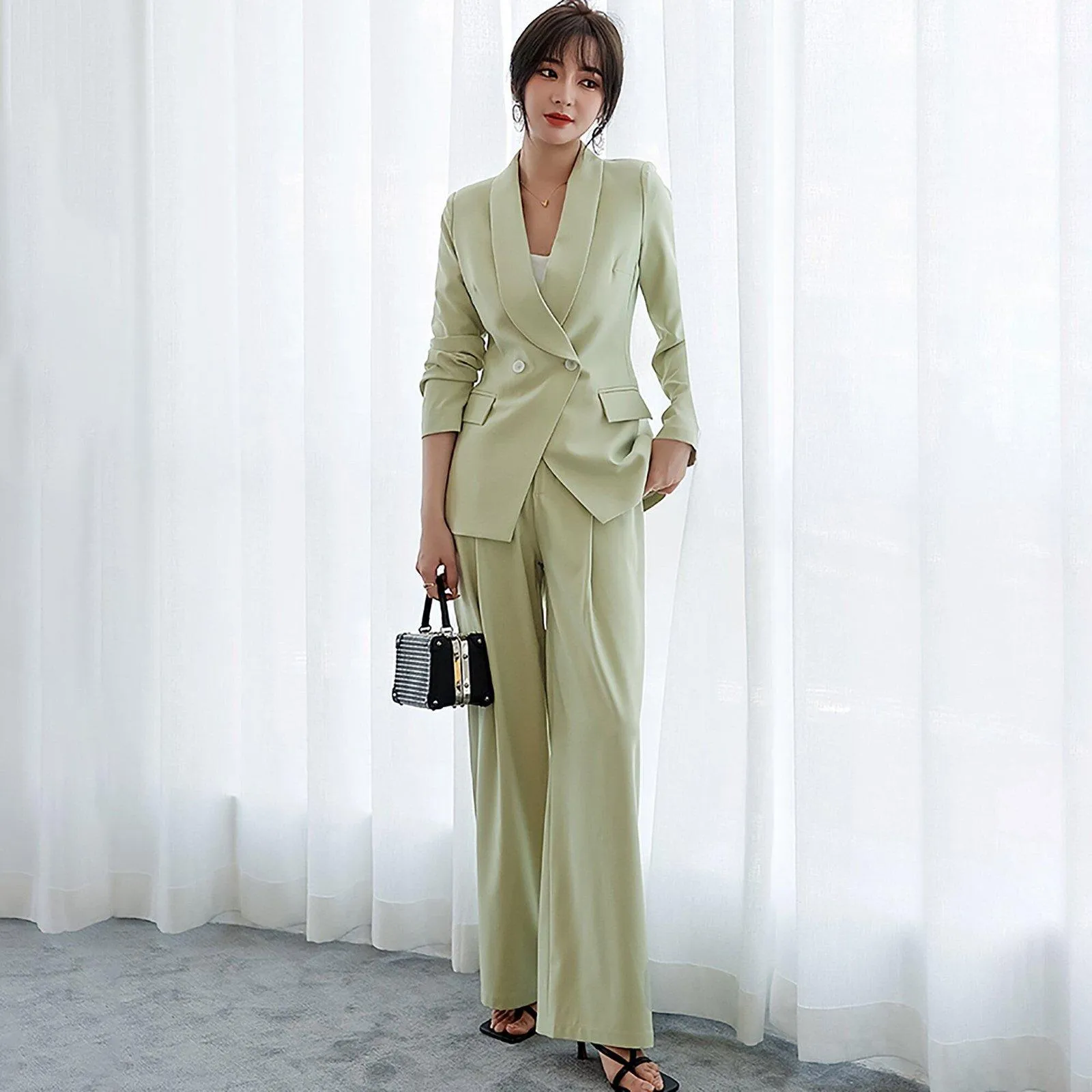 Women's Shawl Collar Blazer Flare Leg Pants Suit Set