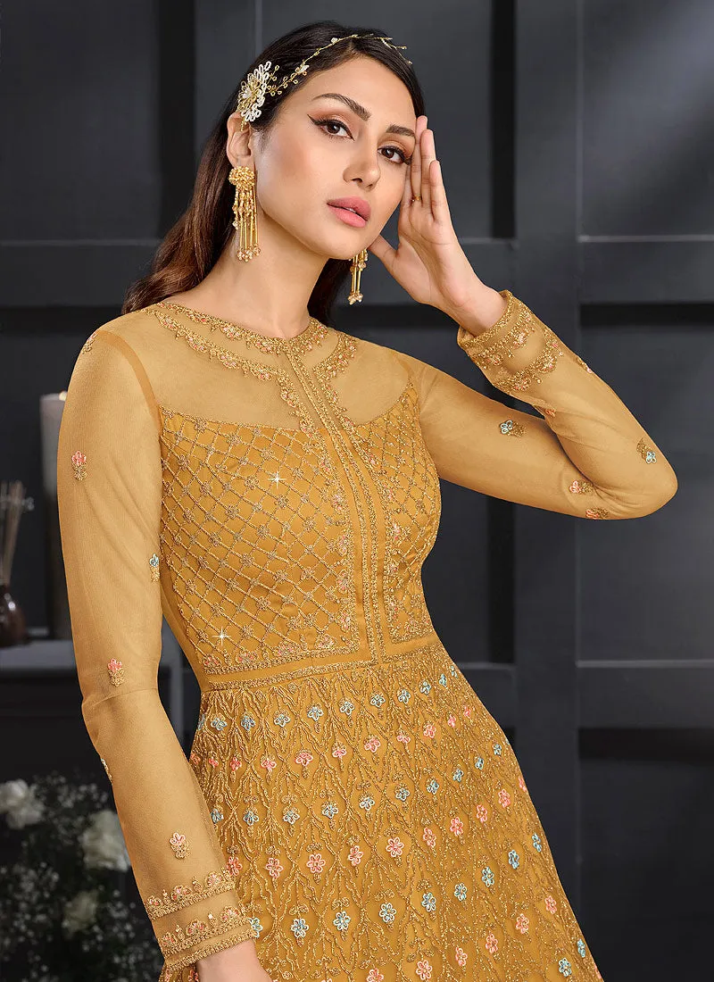 Yellow Floral Embroidered Indian Designer Anarkali