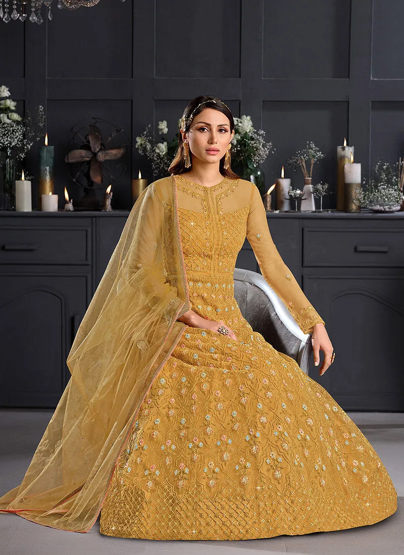 Yellow Floral Embroidered Indian Designer Anarkali