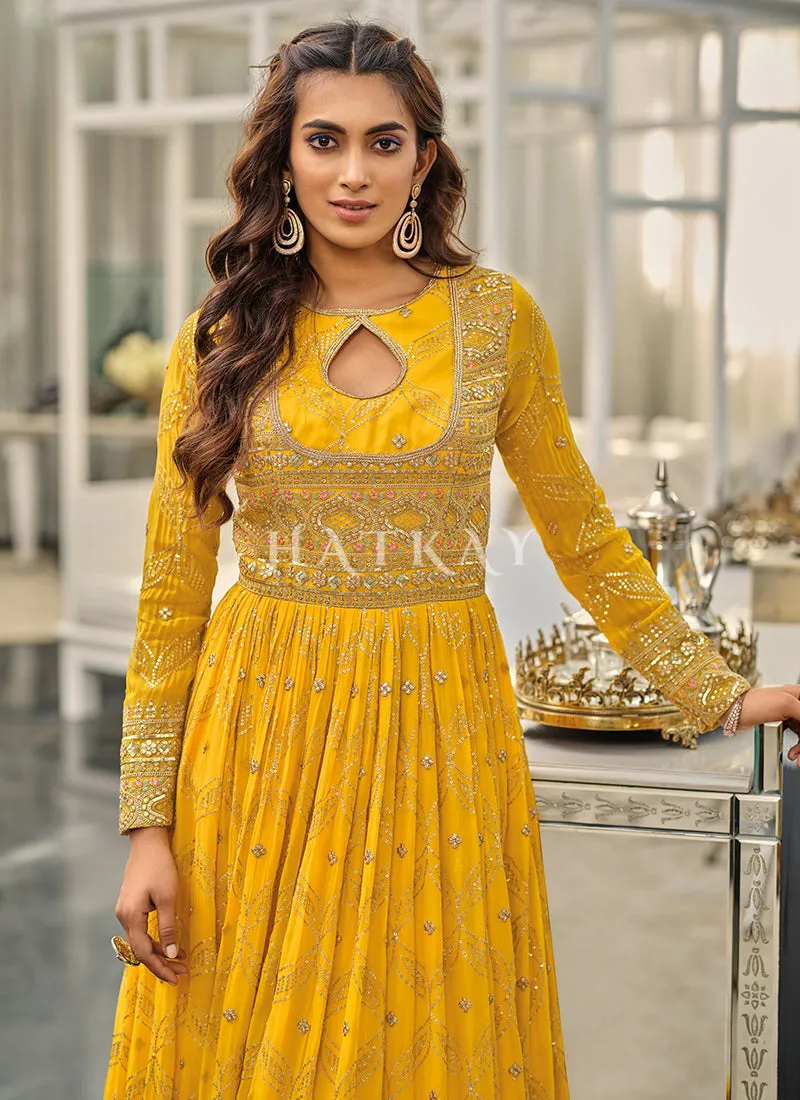 Yellow Golden Embroidered Traditional Anarkali Gown