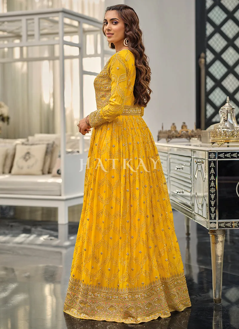 Yellow Golden Embroidered Traditional Anarkali Gown