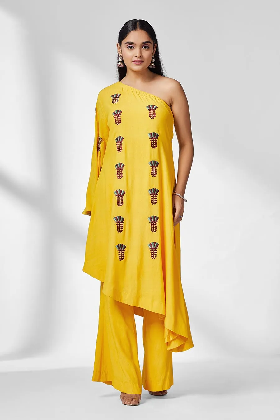 Yellow One Shoulder Tunic & Pants Co-Ord Set