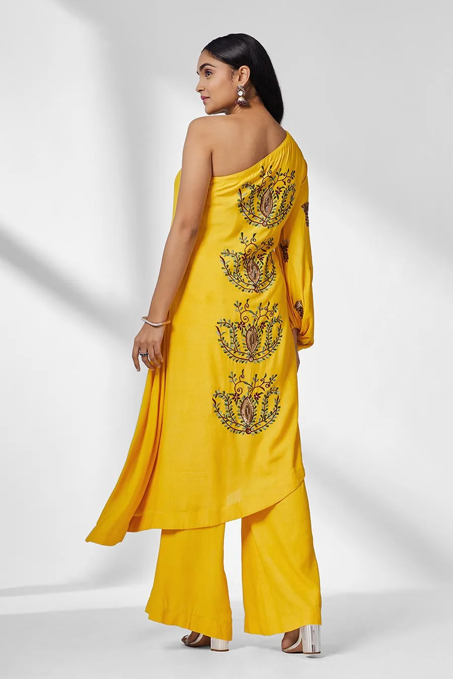 Yellow One Shoulder Tunic & Pants Co-Ord Set