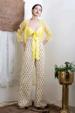 Yellow Print Co-Ord Set With Shrug